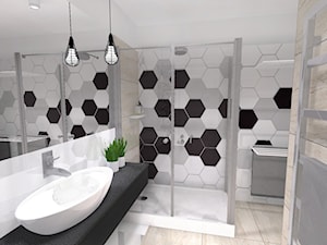 heksagonalne płytki, trawertyn w łazience, kamień w łazience, beżowa łazienka, biały lacobel, lacobel na podłodze, beżowa łazienka, druciane lampy, druciana lampa, czarny blat w łazience - zdjęcie od MONTARI