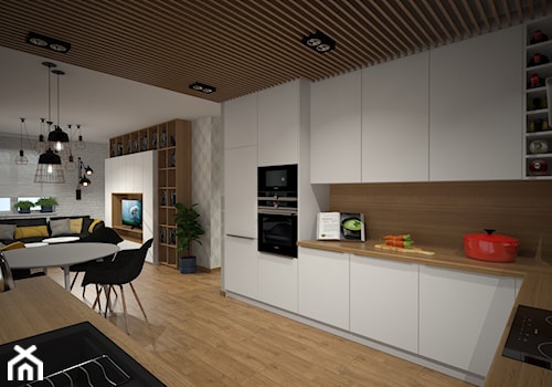 Mieszkanie 60m2 Iława - Duża otwarta z salonem biała z zabudowaną lodówką z lodówką wolnostojącą z nablatowym zlewozmywakiem kuchnia w kształcie litery u z oknem, styl nowoczesny - zdjęcie od PRACOVNIA Projektowanie wnętrz