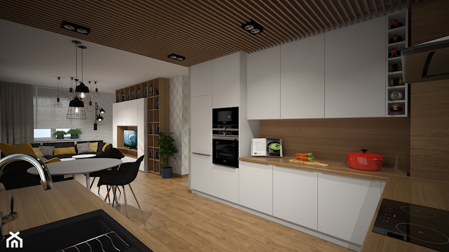 Mieszkanie 60m2 Iława - Duża otwarta z salonem biała z zabudowaną lodówką z lodówką wolnostojącą z nablatowym zlewozmywakiem kuchnia w kształcie litery u z oknem, styl nowoczesny - zdjęcie od PRACOVNIA Projektowanie wnętrz