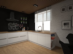 Mieszkanie 60m2 Iława - Średnia otwarta biała czarna z zabudowaną lodówką z nablatowym zlewozmywakiem kuchnia w kształcie litery u z oknem, styl nowoczesny - zdjęcie od PRACOVNIA Projektowanie wnętrz