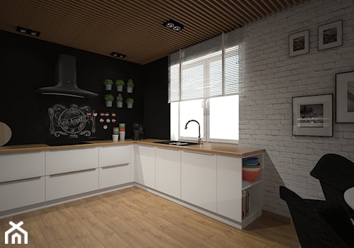 Mieszkanie 60m2 Iława - Średnia otwarta biała czarna z zabudowaną lodówką z nablatowym zlewozmywakiem kuchnia w kształcie litery u z oknem, styl nowoczesny - zdjęcie od PRACOVNIA Projektowanie wnętrz