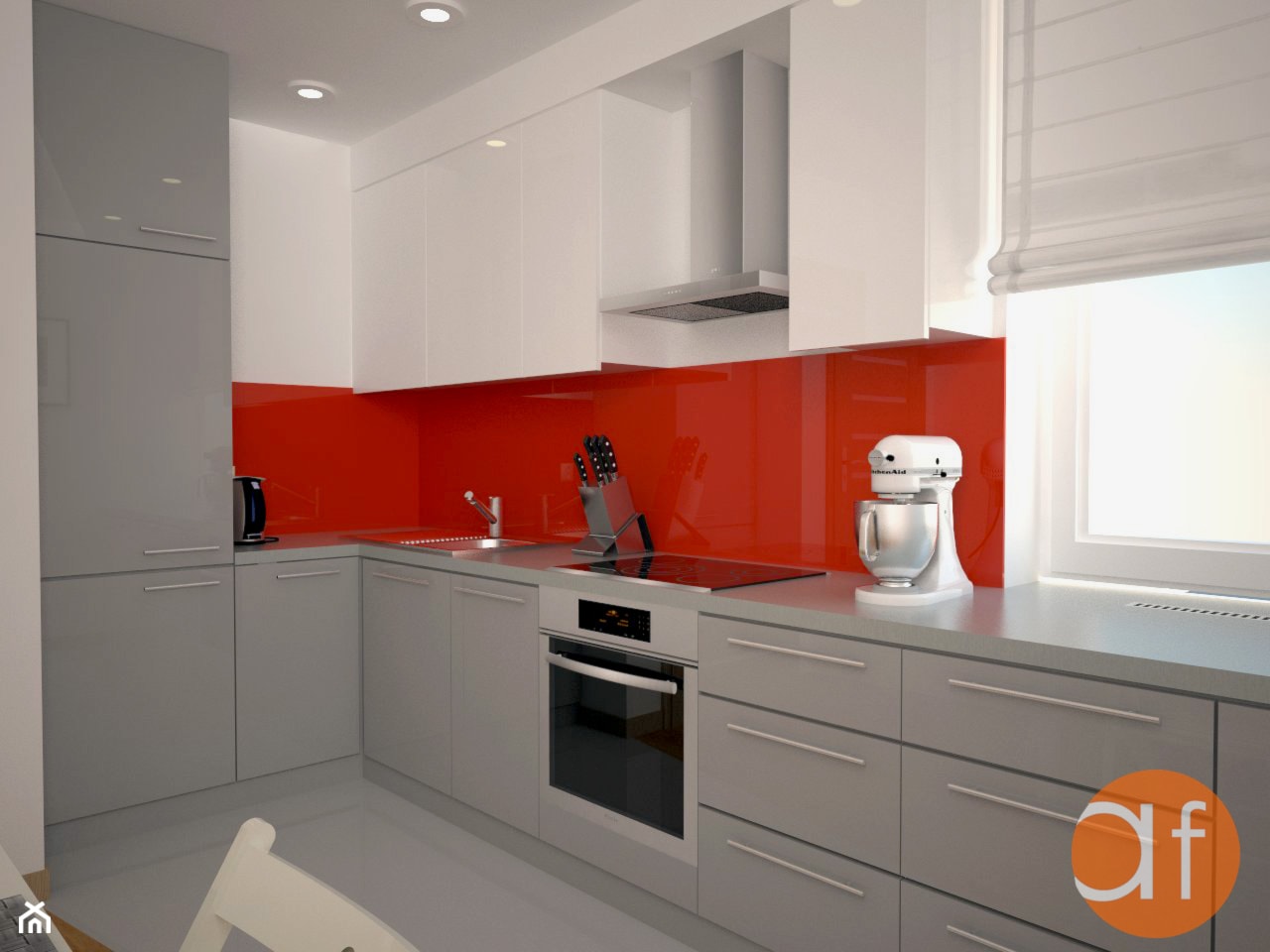 Projekt kuchni szaro czerwonej - zdjęcie od projektowanie wnętrz arch. Joanna Korpulska - Homebook