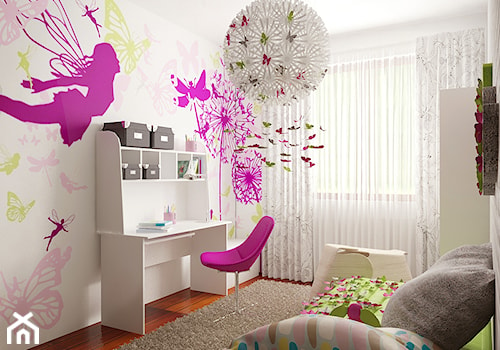 Motylarnia Poli - Średni biały różowy żółty pokój dziecka dla nastolatka dla dziewczynki, styl nowoczesny - zdjęcie od MooKoo Design