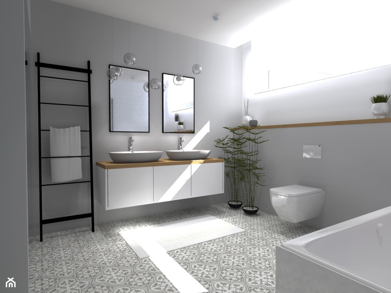 Jasna łazienka ze wzorzastą podłogą - zdjęcie od W+ Architekci - Homebook