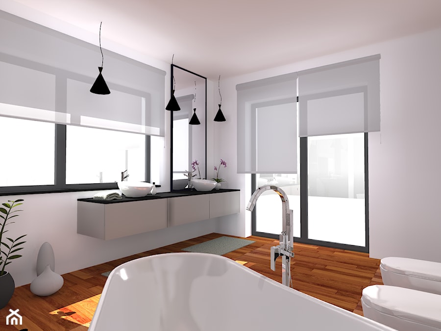 D35 - Duża z dwoma umywalkami łazienka z oknem, styl nowoczesny - zdjęcie od W+ Architekci