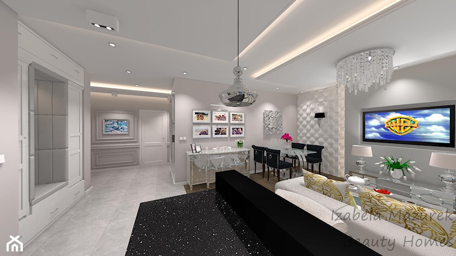 Apartament na Bemowie w stylu Nowojorskim - Średnia biała szara jadalnia w salonie, styl glamour - zdjęcie od Beauty Homes