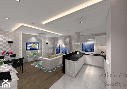 Apartament na Bemowie w stylu Nowojorskim - Średni biały salon z kuchnią z jadalnią, styl glamour - zdjęcie od Beauty Homes