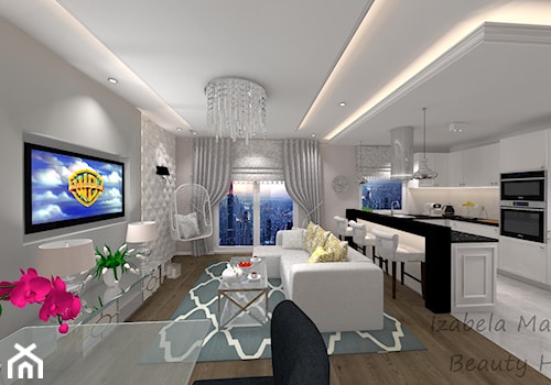 Apartament na Bemowie w stylu Nowojorskim - Duży biały salon z kuchnią z jadalnią, styl glamour - zdjęcie od Beauty Homes
