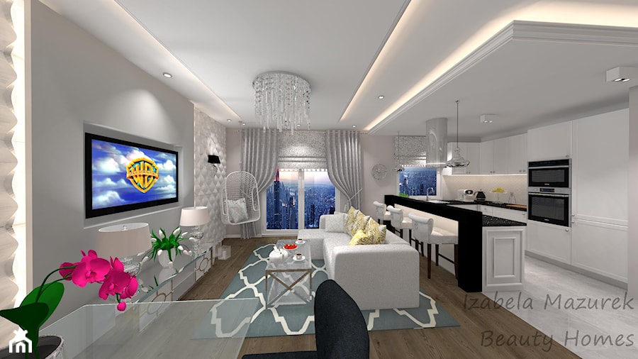 Apartament na Bemowie w stylu Nowojorskim - Duży biały salon z kuchnią z jadalnią, styl glamour - zdjęcie od Beauty Homes