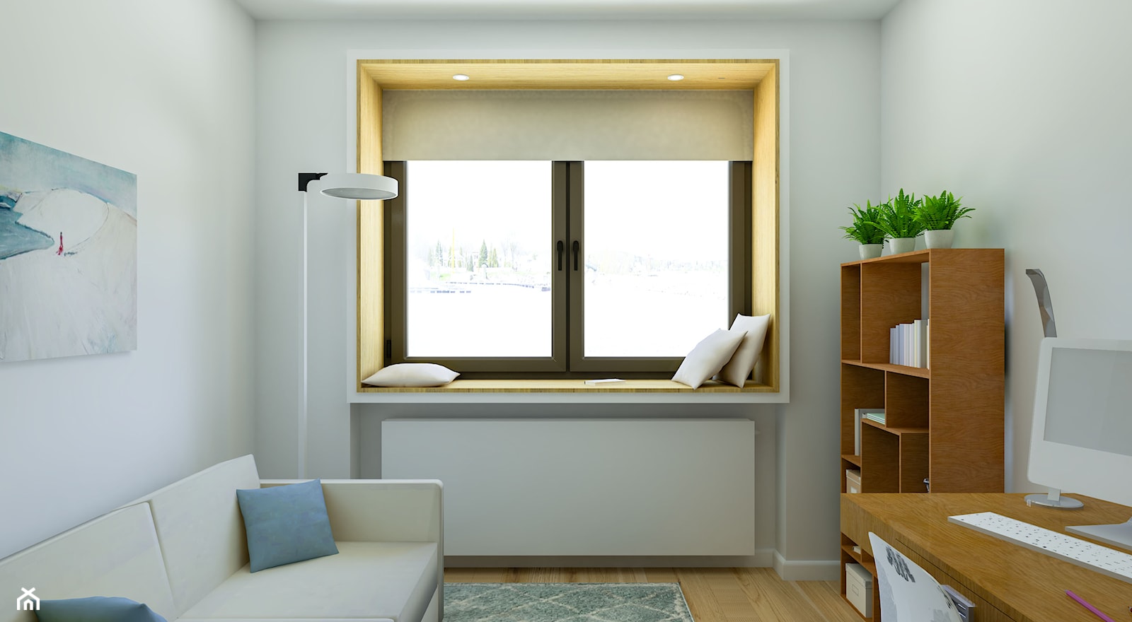 Pokój do pracy w mieszkaniu prywatnym - Małe w osobnym pomieszczeniu z sofą z zabudowanym biurkiem szare biuro, styl skandynawski - zdjęcie od Creatovnia - Homebook