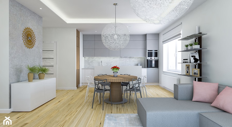 Nowoczesny salon w odcieniach szarości - Duży biały szary salon z kuchnią z jadalnią, styl nowoczesny - zdjęcie od Creatovnia
