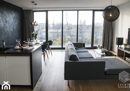 Apartamenty Kurkowa - Średni biały czarny salon z kuchnią z jadalnią, styl nowoczesny - zdjęcie od Zolnik Pracownia