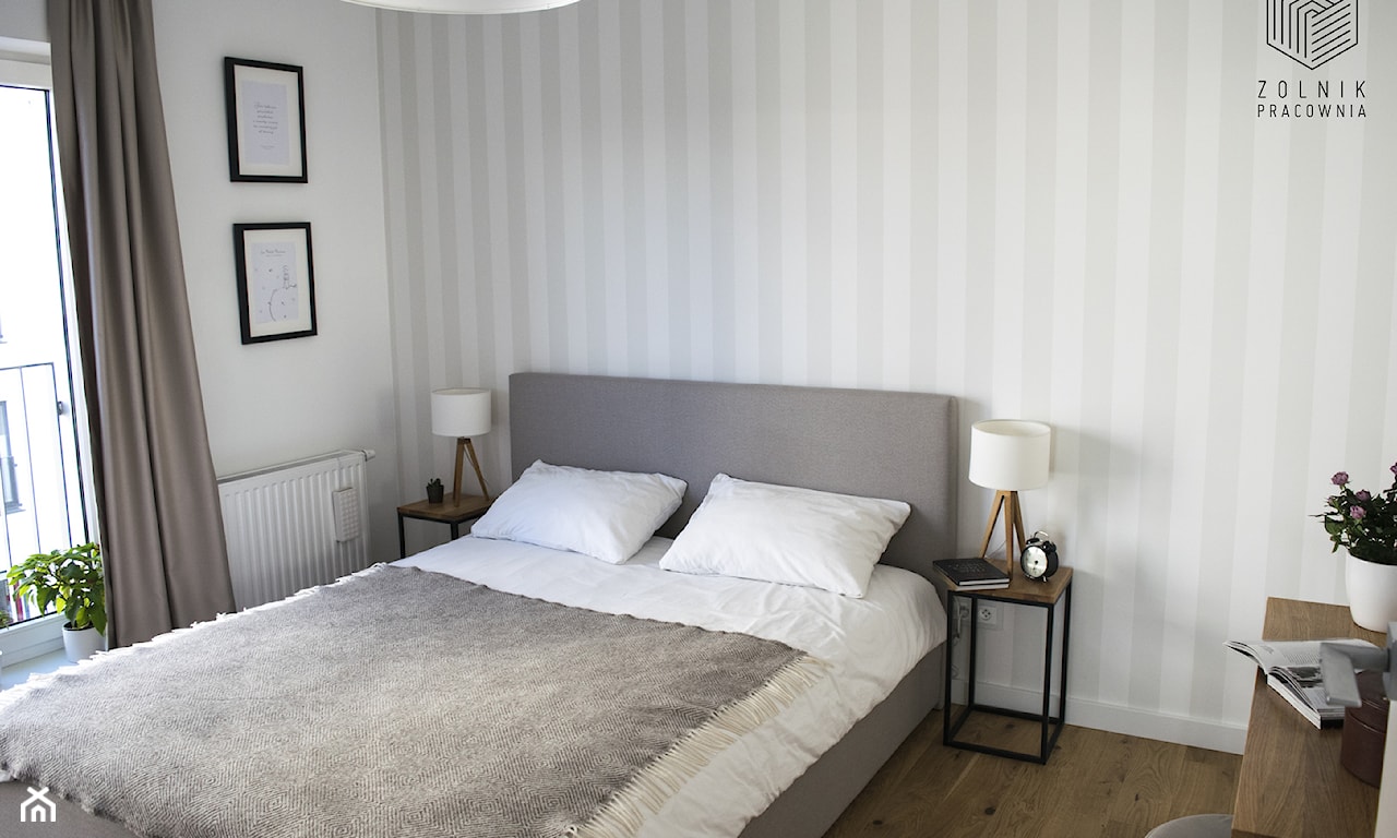 Biało-szara sypialnia w stylu skandynawskim