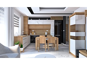 Salon z kuchnią - Średnia otwarta z salonem biała czarna z zabudowaną lodówką z nablatowym zlewozmywakiem kuchnia w kształcie litery l z oknem, styl skandynawski - zdjęcie od Crystal Studio Design