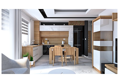 Salon z kuchnią - Średnia otwarta z salonem biała czarna z zabudowaną lodówką z nablatowym zlewozmywakiem kuchnia w kształcie litery l z oknem, styl skandynawski - zdjęcie od Crystal Studio Design