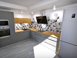 Kuchnie - Duża otwarta z salonem biała czarna szara z zabudowaną lodówką z lodówką wolnostojącą z nablatowym zlewozmywakiem kuchnia w kształcie litery l z oknem, styl nowoczesny - zdjęcie od Crystal Studio Design