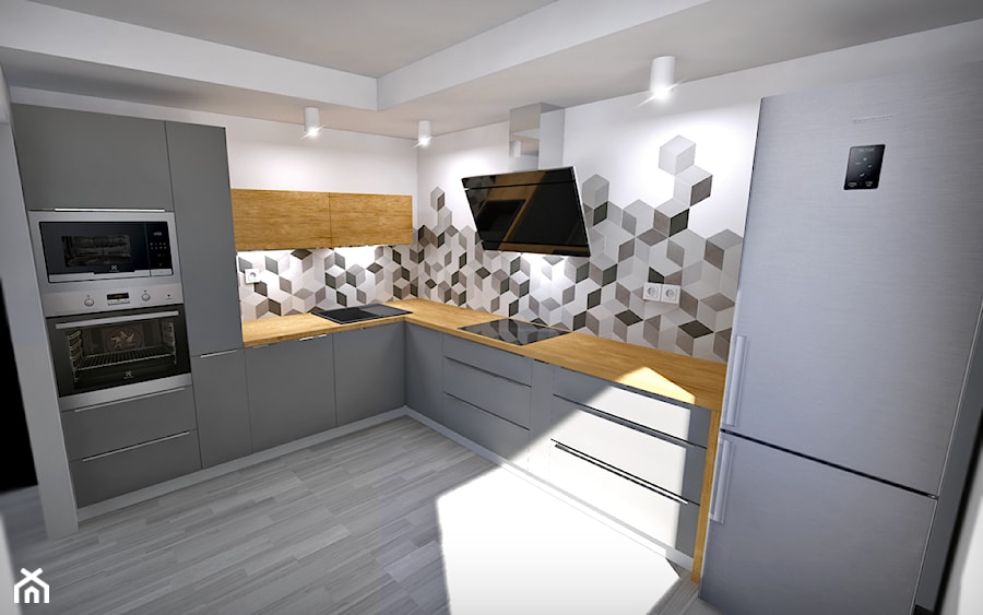 Kuchnie - Duża otwarta z salonem biała czarna szara z zabudowaną lodówką z lodówką wolnostojącą z nablatowym zlewozmywakiem kuchnia w kształcie litery l z oknem, styl nowoczesny - zdjęcie od Crystal Studio Design