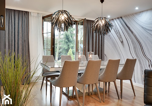 SALON - Duża biała czarna szara jadalnia w salonie, styl nowoczesny - zdjęcie od marmo Design Projektowanie wnętrz