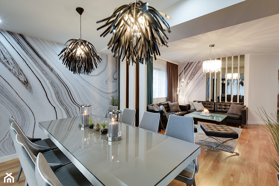 SALON - Średni beżowy salon z jadalnią, styl nowoczesny - zdjęcie od marmo Design Projektowanie wnętrz