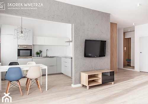 Projekt mieszkania 70m2, Łódź - Średni biały szary salon z kuchnią z jadalnią, styl nowoczesny - zdjęcie od SKOREK WNĘTRZA