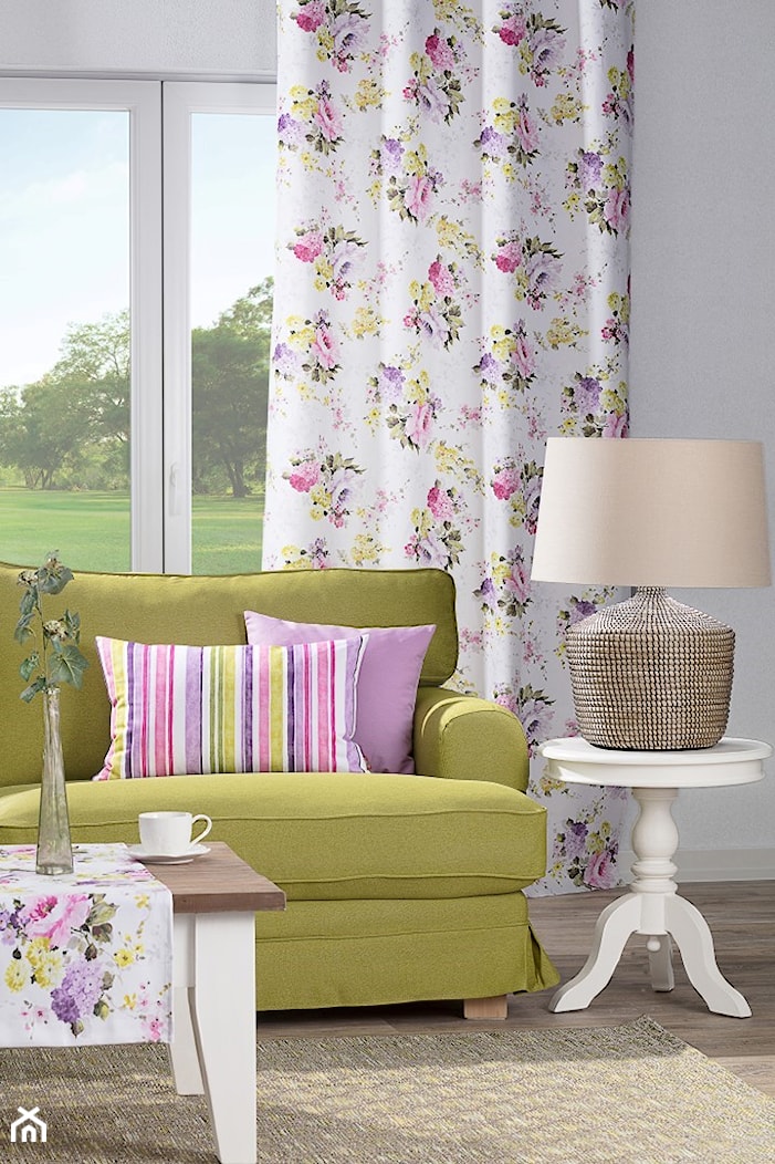 Zasłony, poszewki dekoracyjne w kolorach zieleni i fioletu, pokrowiec na sofe Ikea - zdjęcie od Dekoria.pl - Homebook