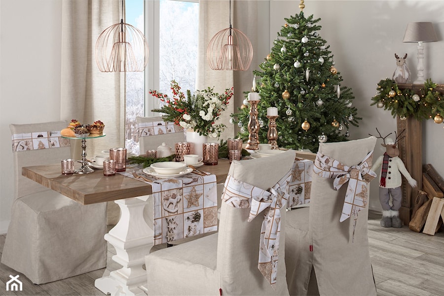 zasłona na sszelkach kolekcja Linen, bieżnik z kolekcji Christmas, szarfa na krzesło z kolekcji Christmas, - zdjęcie od Dekoria.pl