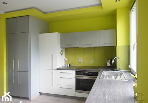 Mieszkanie singielki M_58 Wrocław - Średnia zamknięta zielona z zabudowaną lodówką z podblatowym zlewozmywakiem kuchnia w kształcie litery l, styl nowoczesny - zdjęcie od MESH