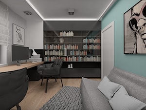 PODWARSZAWSKI DOM - HARMONIA I PROSTOTA - Średnie w osobnym pomieszczeniu z sofą z zabudowanym biurkiem białe niebieskie biuro, styl nowoczesny - zdjęcie od MKdesigner