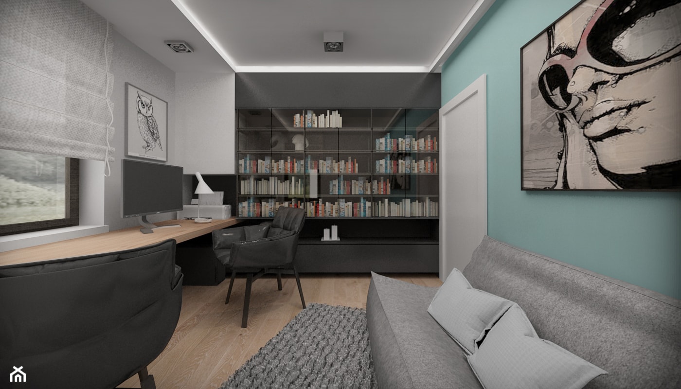 PODWARSZAWSKI DOM - HARMONIA I PROSTOTA - Średnie w osobnym pomieszczeniu z sofą z zabudowanym biurkiem białe niebieskie biuro, styl nowoczesny - zdjęcie od MKdesigner - Homebook