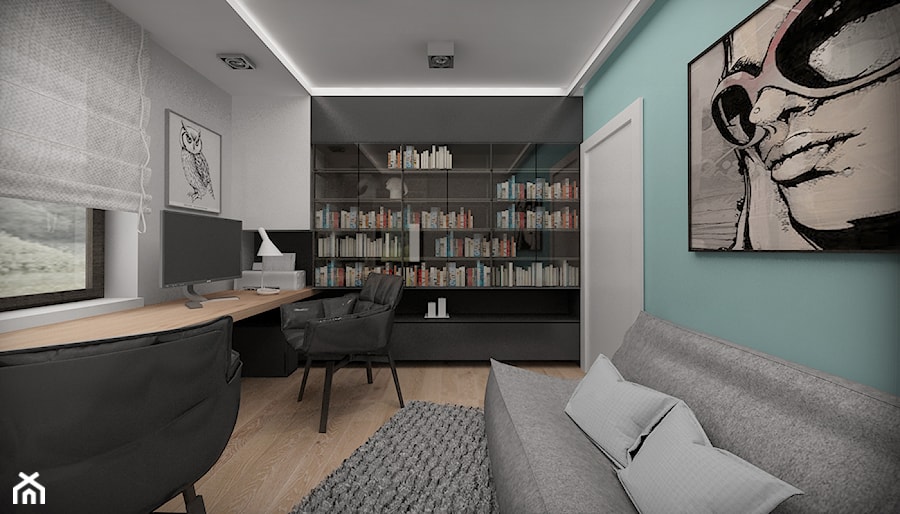 PODWARSZAWSKI DOM - HARMONIA I PROSTOTA - Średnie w osobnym pomieszczeniu z sofą z zabudowanym biurkiem białe niebieskie biuro, styl nowoczesny - zdjęcie od MKdesigner