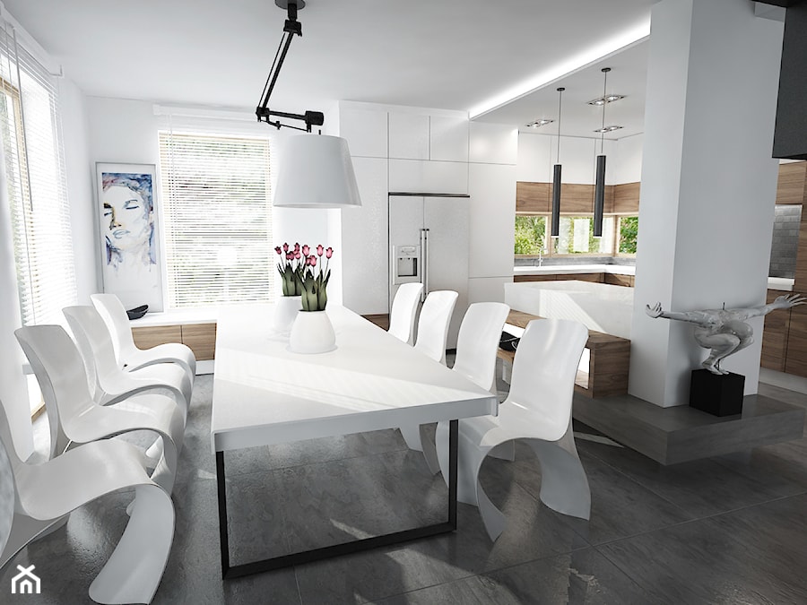 MIESZKANIE Z RZEŹBĄ - Duża biała jadalnia w kuchni, styl nowoczesny - zdjęcie od MKdesigner