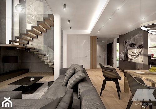 Dom w nowoczesnym stylu - Duży biały szary salon z kuchnią z jadalnią, styl nowoczesny - zdjęcie od MKdesigner