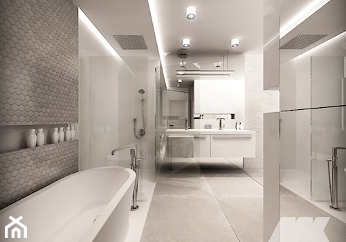 Dom w nowoczesnym stylu - Duża bez okna z lustrem z dwoma umywalkami z punktowym oświetleniem łazienka, styl nowoczesny - zdjęcie od MKdesigner