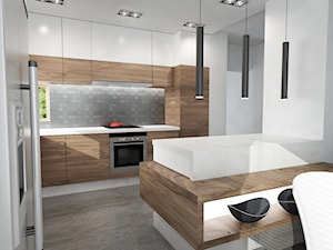 MIESZKANIE Z RZEŹBĄ - Średnia z salonem biała z zabudowaną lodówką kuchnia dwurzędowa z oknem, styl nowoczesny - zdjęcie od MKdesigner