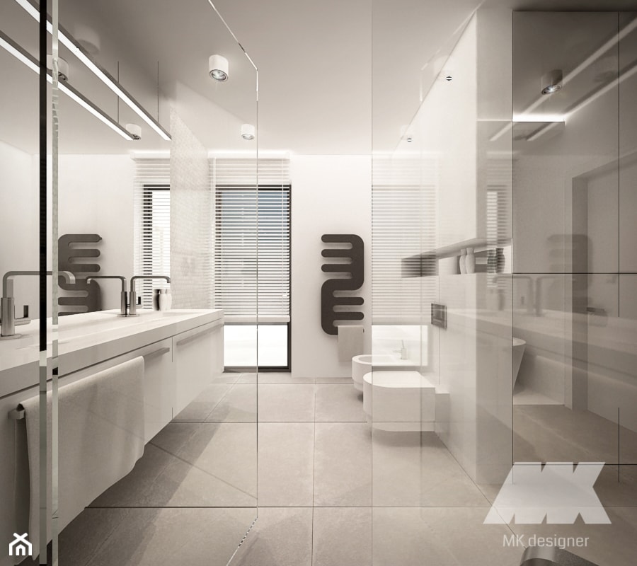 Dom w nowoczesnym stylu - Średnia z lustrem z dwoma umywalkami z punktowym oświetleniem łazienka z oknem, styl nowoczesny - zdjęcie od MKdesigner