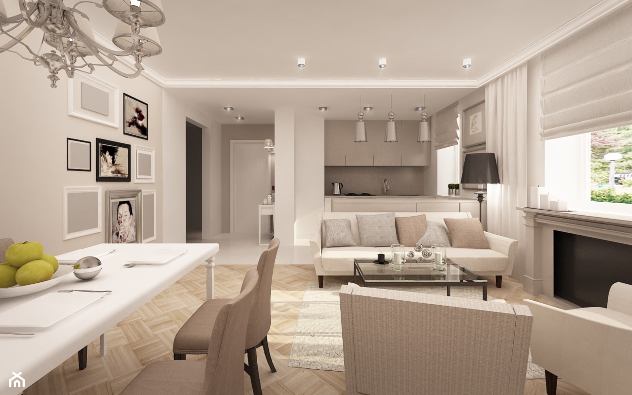 Mieszkanie w stylu glamour - Średni beżowy biały salon z kuchnią z jadalnią, styl glamour - zdjęcie od MKdesigner - Homebook