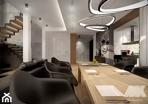 Dom w nowoczesnym stylu - Duży biały salon z kuchnią z jadalnią, styl nowoczesny - zdjęcie od MKdesigner