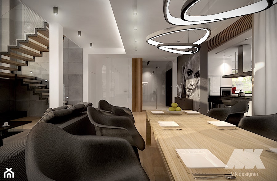 Dom w nowoczesnym stylu - Duży biały salon z kuchnią z jadalnią, styl nowoczesny - zdjęcie od MKdesigner