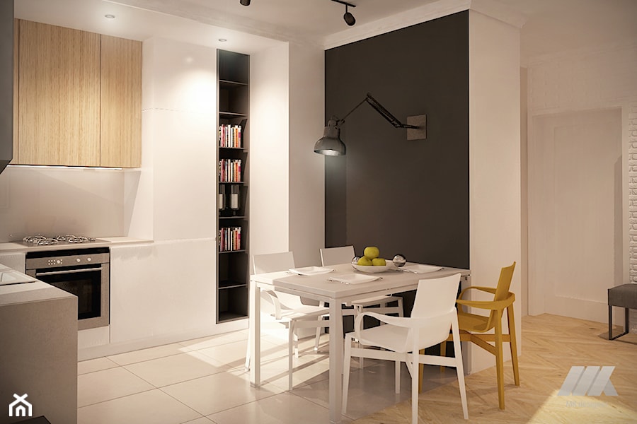 MIESZKANIE 47M2 NA WARSZAWSKIEJ WOLI - Średnia biała czarna szara jadalnia w kuchni, styl nowoczesny - zdjęcie od MKdesigner