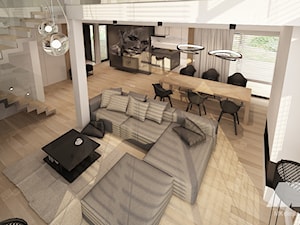 Dom w nowoczesnym stylu - Duży beżowy biały salon z jadalnią z tarasem / balkonem z antresolą, styl nowoczesny - zdjęcie od MKdesigner