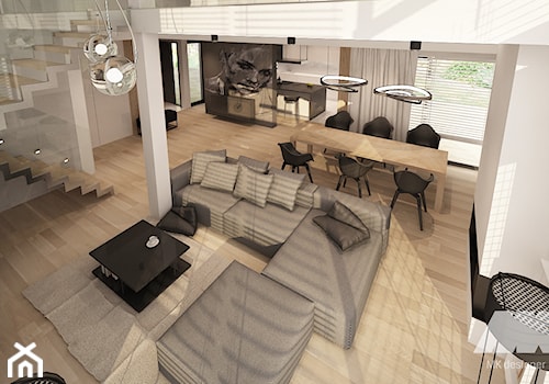 Dom w nowoczesnym stylu - Duży beżowy biały salon z jadalnią z tarasem / balkonem z antresolą, styl nowoczesny - zdjęcie od MKdesigner