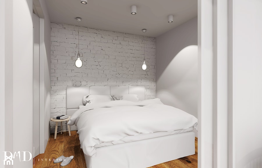 Projekt w Drammen - Mała biała szara sypialnia, styl skandynawski - zdjęcie od DMD Interiør