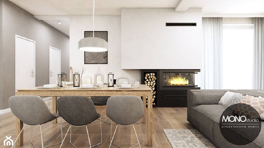 drewno & minimalizm - Średnia biała szara jadalnia w salonie, styl minimalistyczny - zdjęcie od MONOstudio