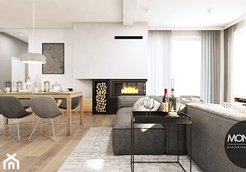 drewno & minimalizm - Duży biały szary salon z jadalnią, styl minimalistyczny - zdjęcie od MONOstudio