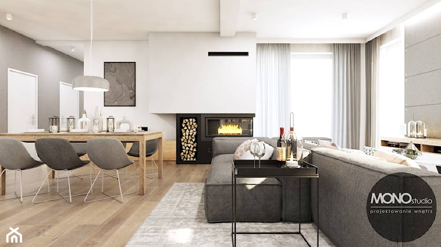 drewno & minimalizm - Duży biały szary salon z jadalnią, styl minimalistyczny - zdjęcie od MONOstudio