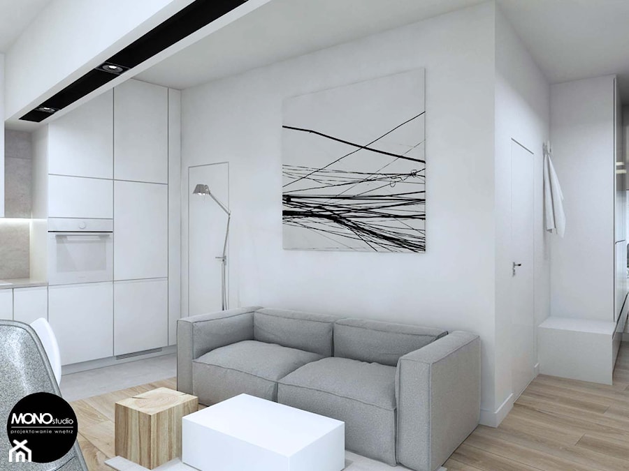 biel&minimalizm - Mały biały salon z kuchnią, styl minimalistyczny - zdjęcie od MONOstudio