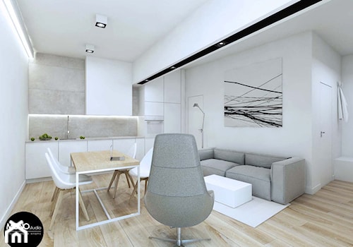 biel&minimalizm - Średni biały salon z kuchnią z jadalnią, styl minimalistyczny - zdjęcie od MONOstudio