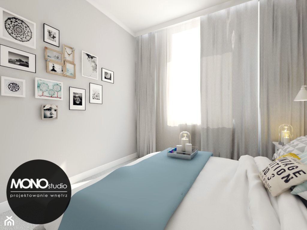 ​Przytulna sypialnia z wykorzystaniem tapety w kolorze jako główny element dekoracyjny - zdjęcie od MONOstudio - Homebook