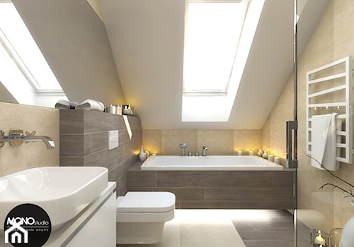 beton & drewno - Średnia na poddaszu łazienka z oknem, styl skandynawski - zdjęcie od MONOstudio