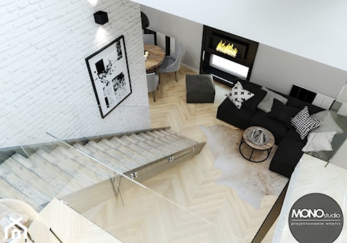 Stylowe mieszkanie z antresolą - Mały szary salon z jadalnią, styl minimalistyczny - zdjęcie od MONOstudio